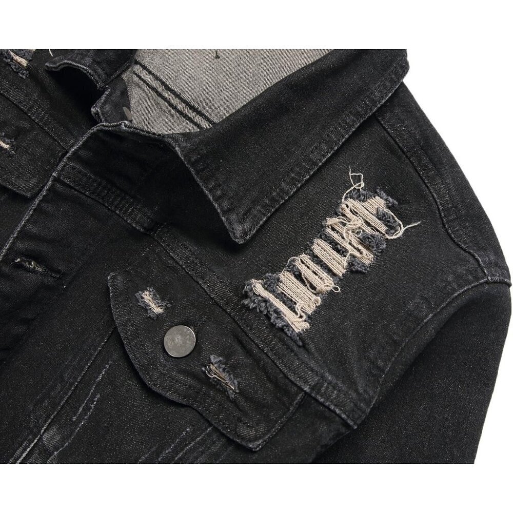 Men's Jean Jacket Distressed Slim Denim Jacket Long Sleeve Button Down Black7013 - Picture 5 of 9